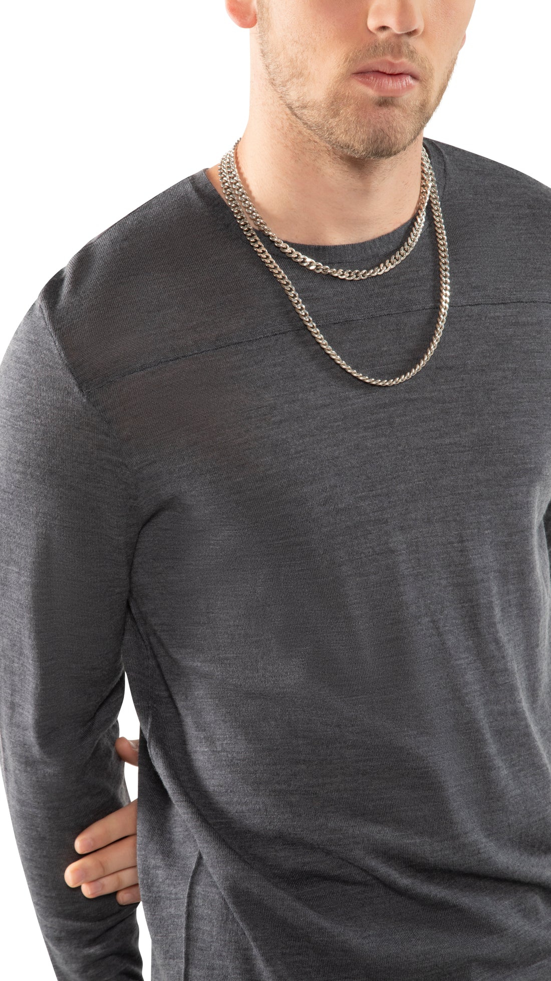 Long Sleeve Crewneck Sweater With Yoke Detail (Grey Heather)