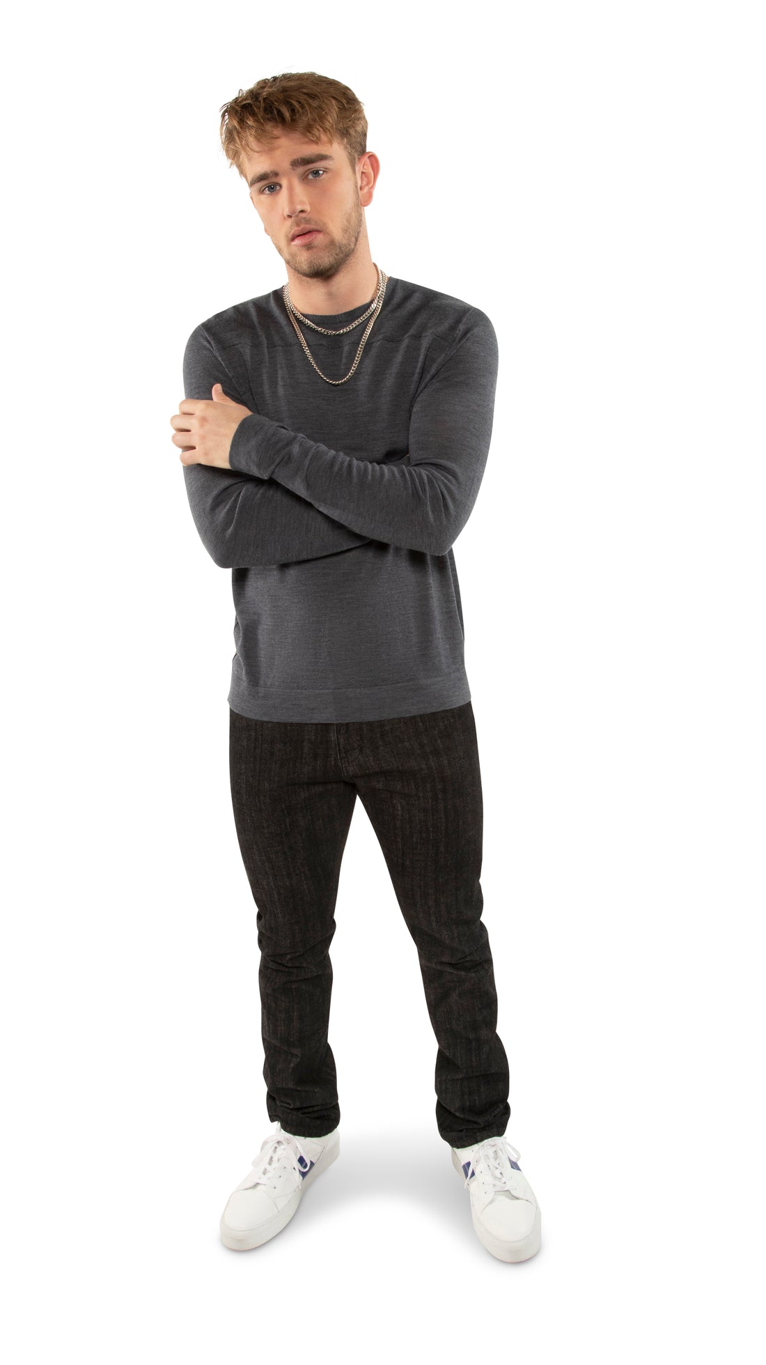 Long Sleeve Crewneck Sweater With Yoke Detail (Grey Heather)