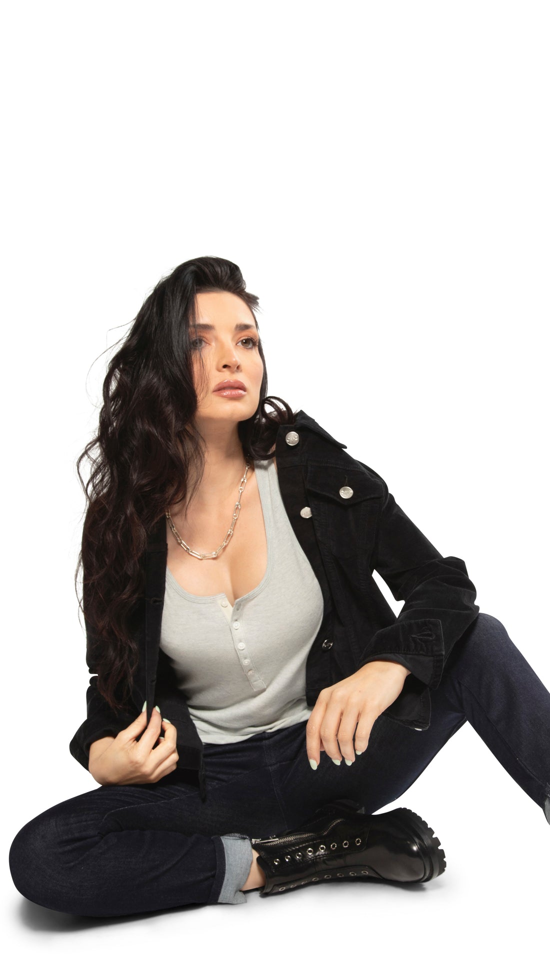 Stretch Velvet Jean Jacket (Black) - Main Image