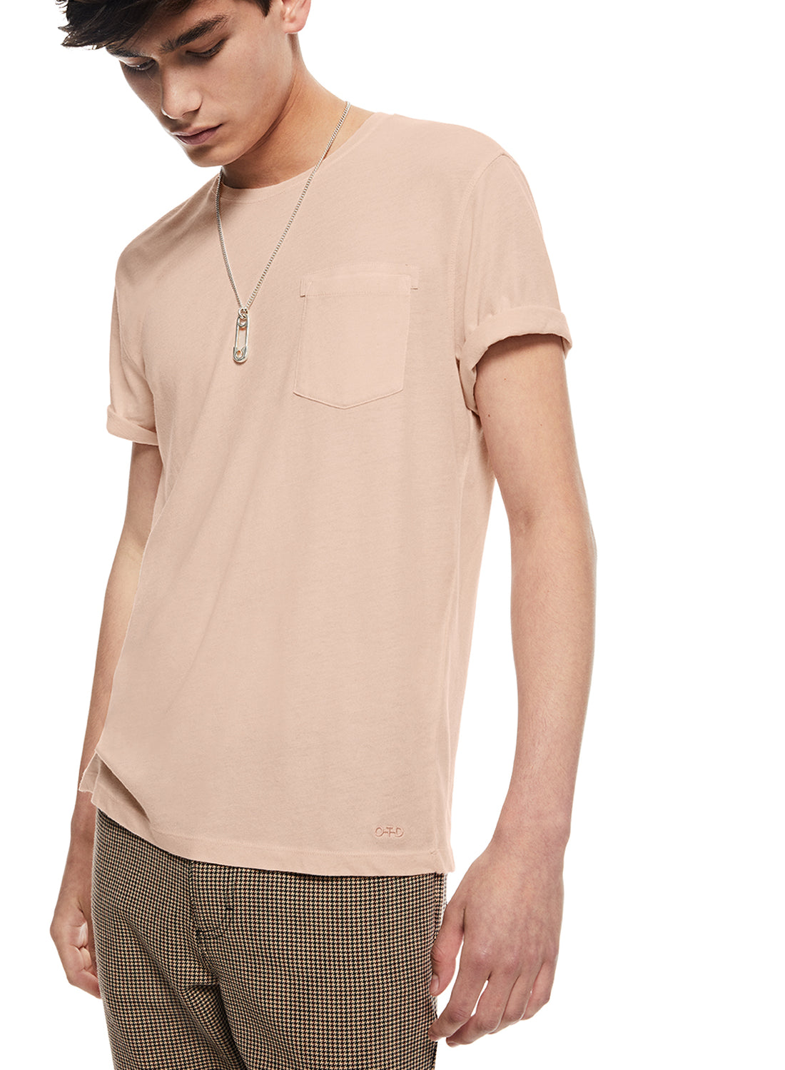 Front of Men's Pale Coral Linen-Blend Pocket Tee - Image #2