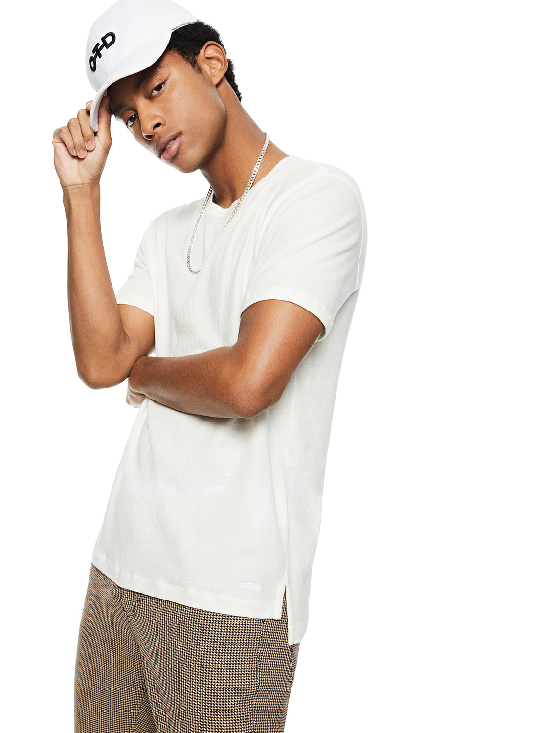 Front of Men's White Crewneck Knit Tee