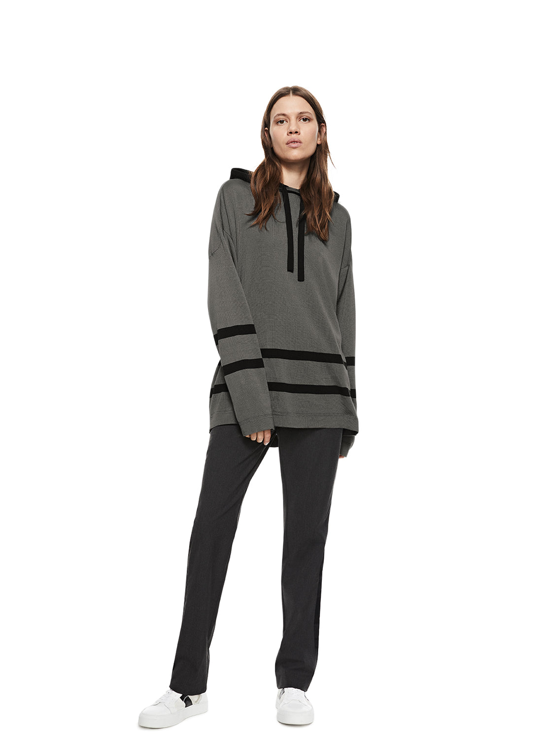 Woman in Grey Oversized Hockey Sweater