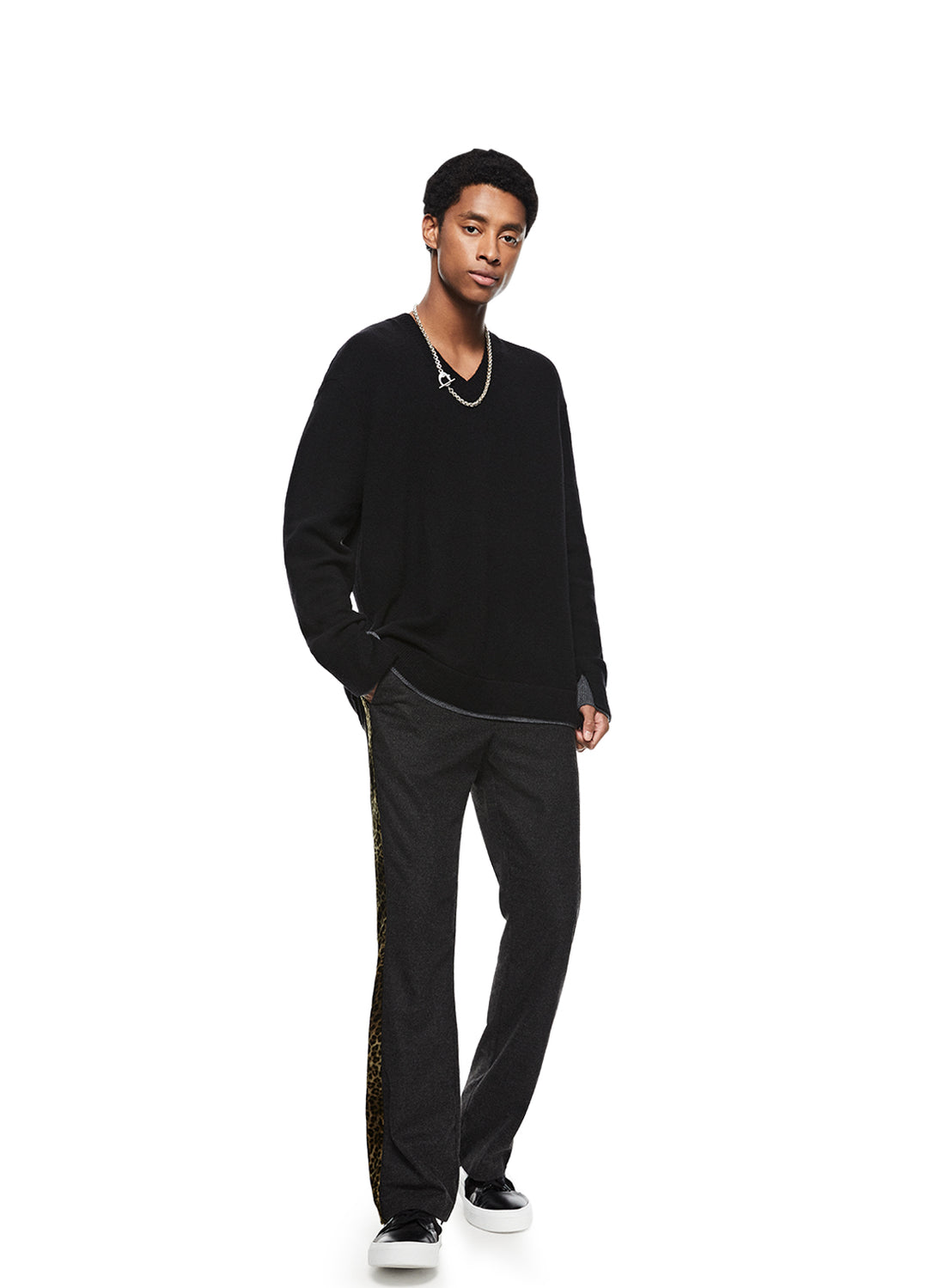 Man in Black Merino Wool V-Neck Sweater