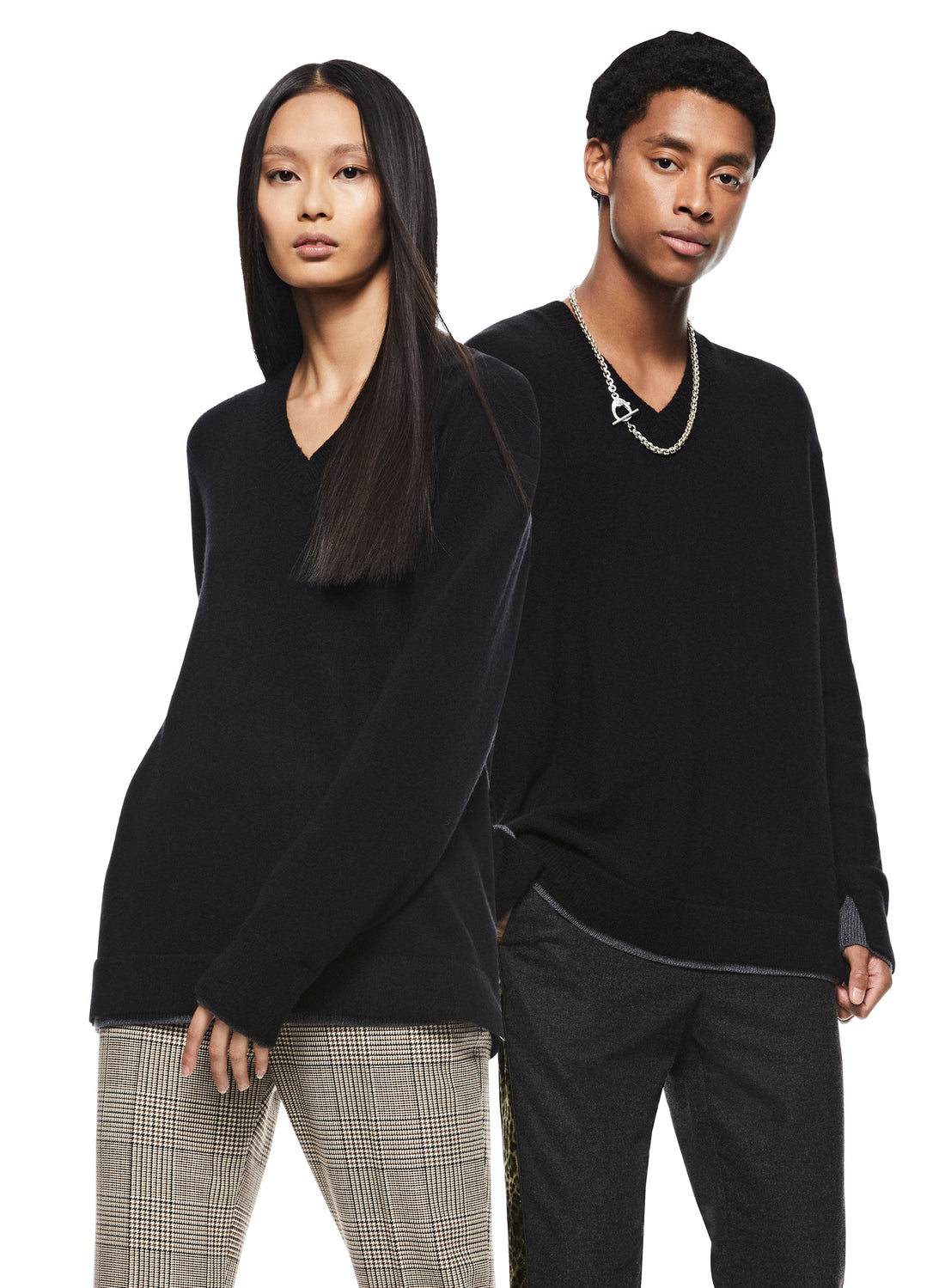 Woman & Man in Black Merino Wool V-Neck Sweater