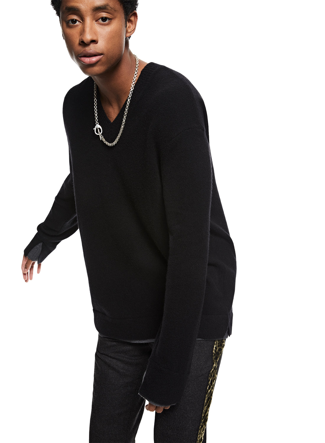 Man in Black Merino Wool V-Neck Sweater - Image #2