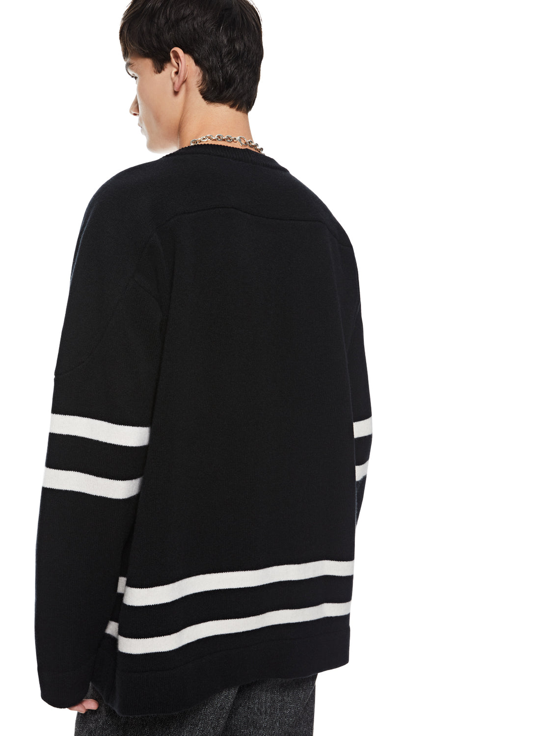 Back of Black Cashmere-Blend Hockey Sweater
