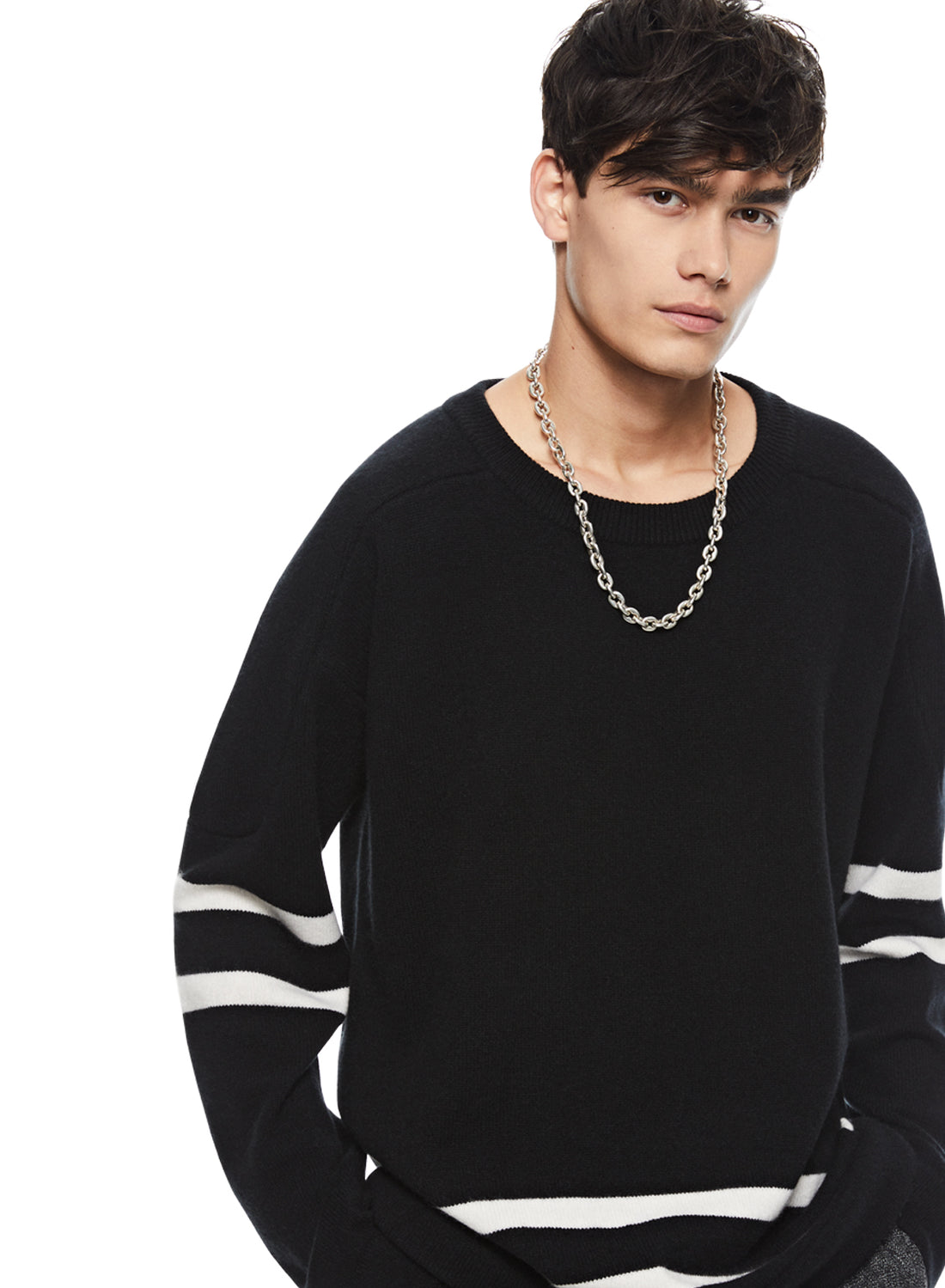 Front of Black Cashmere-Blend Hockey Sweater