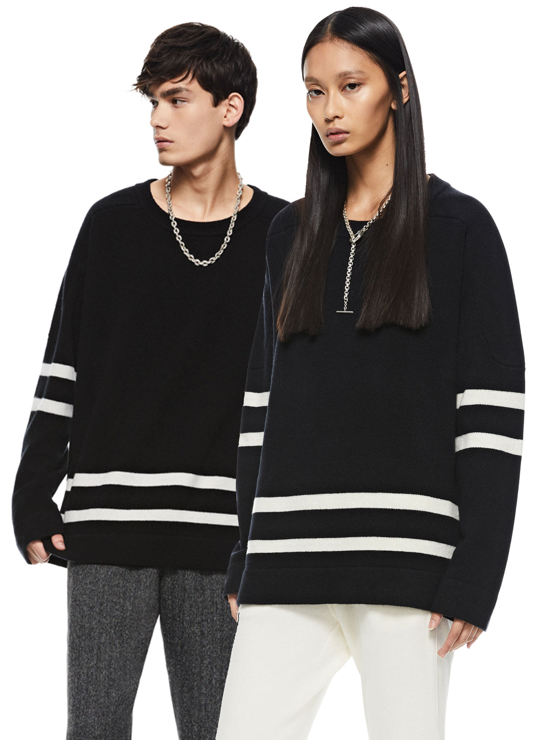 Man & Woman in Black Cashmere-Blend Hockey Sweater
