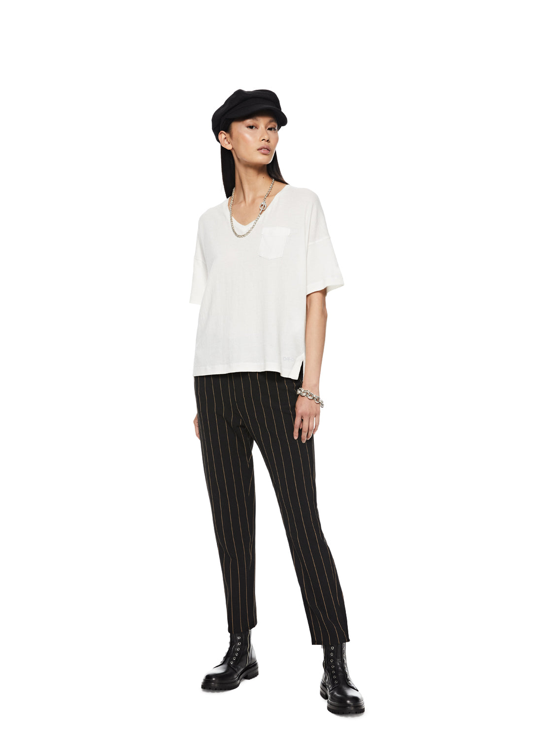 Front of Women's White Crinkle Cotton Relaxed V-Neck