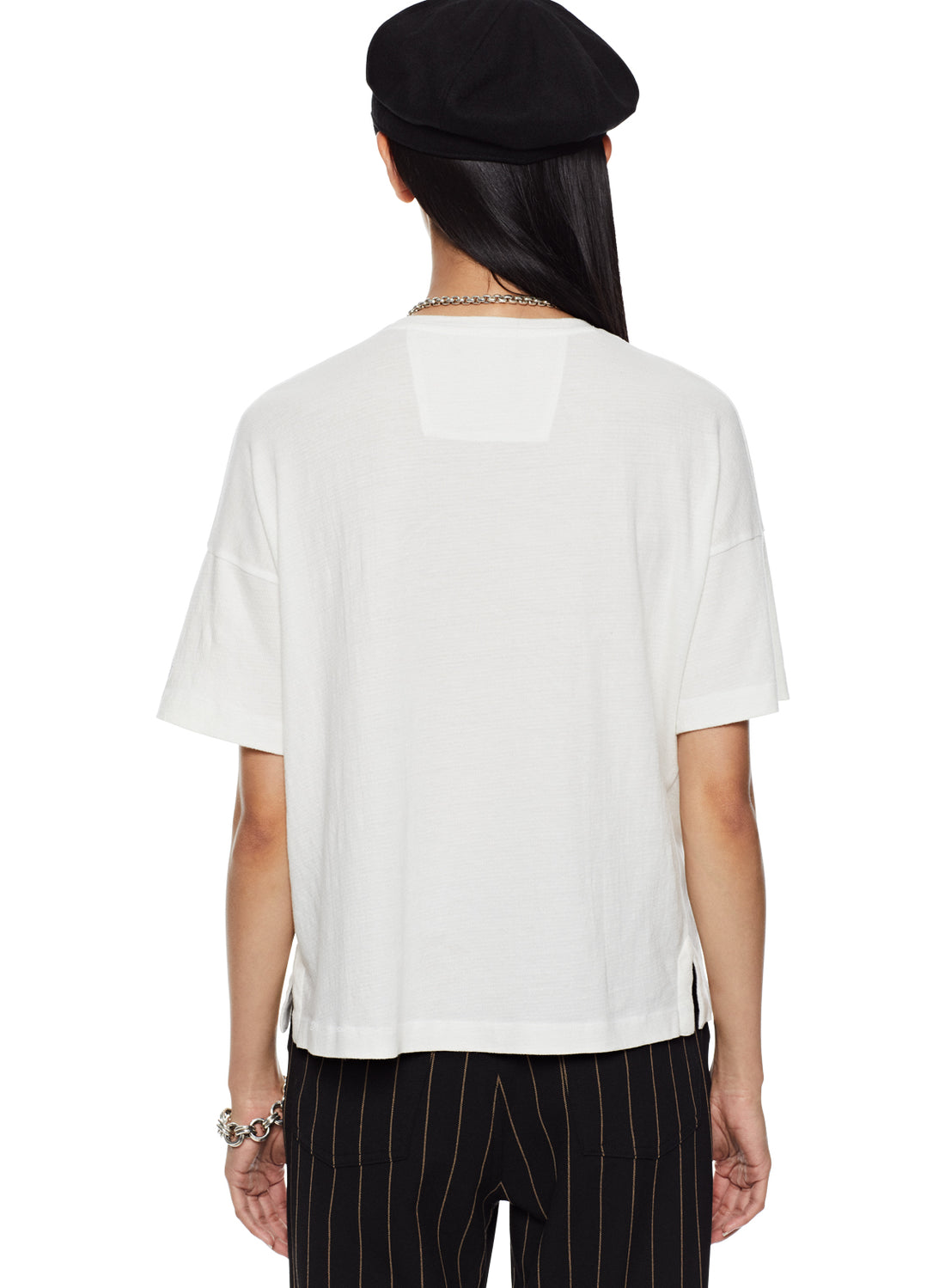Back of Women's White Crinkle Cotton Relaxed V-Neck