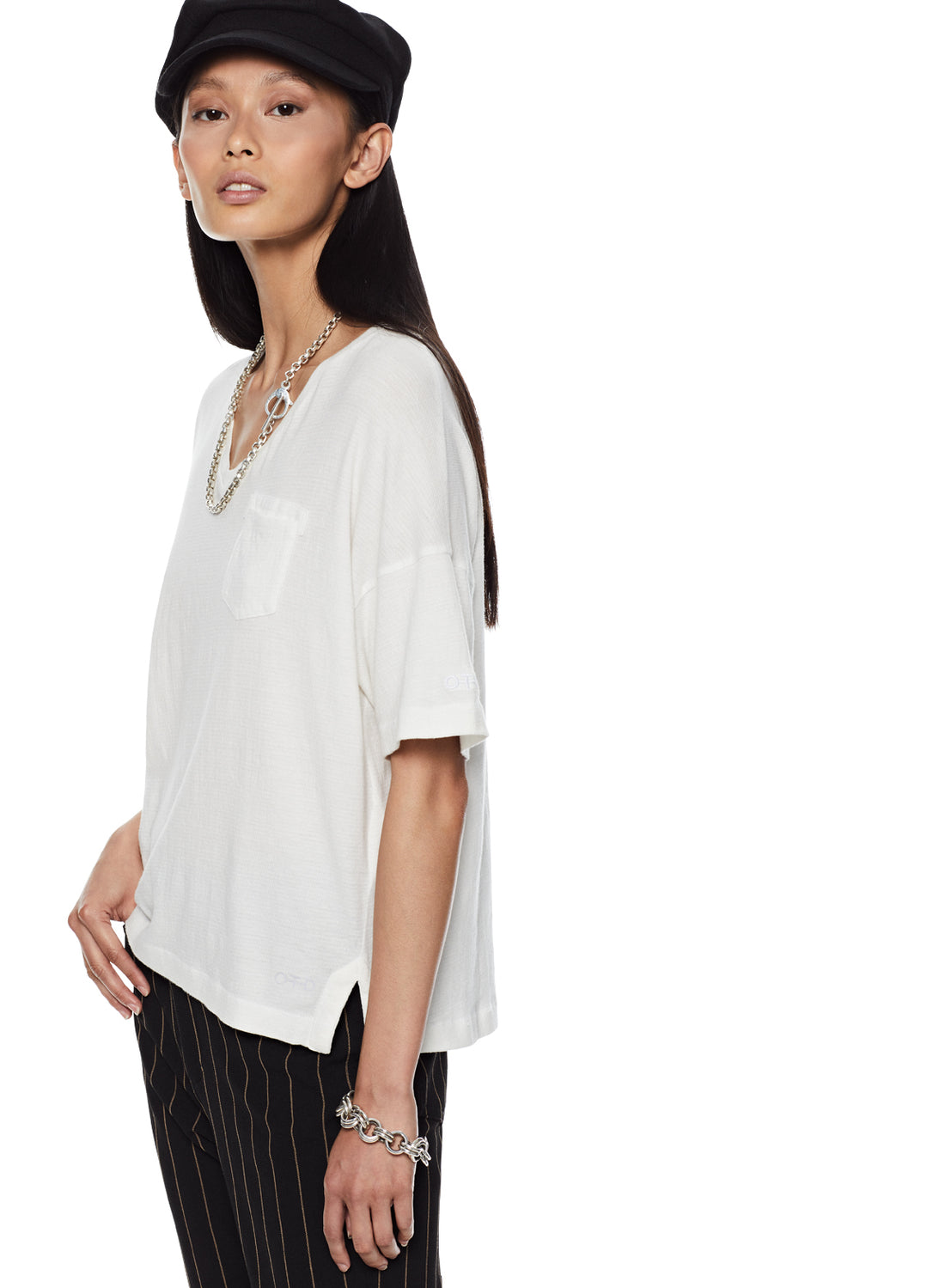 Side of Women's White Crinkle Cotton Relaxed V-Neck