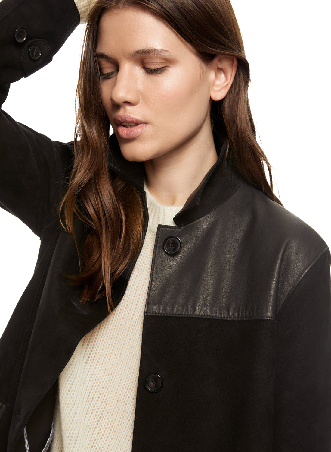 Women's Black Suede Coat - Collar View #2
