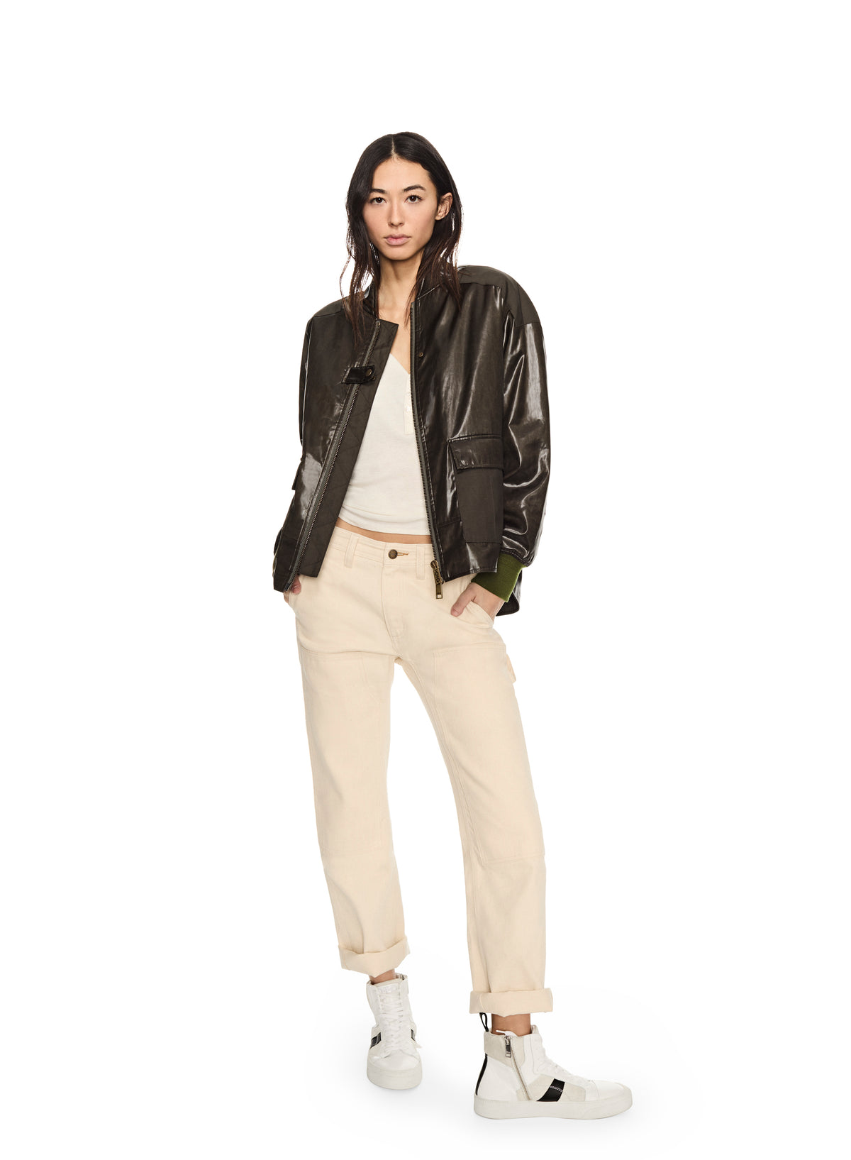 Coated Nylon Café Racer Bomber Jacket | Women's Dark Olive Jacket – OTD ...