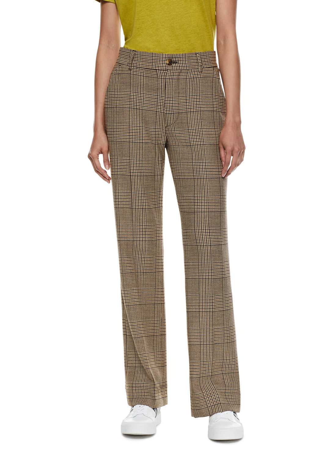 Front of Women's Beige Multi Glen Plaid Flare Leg Pant