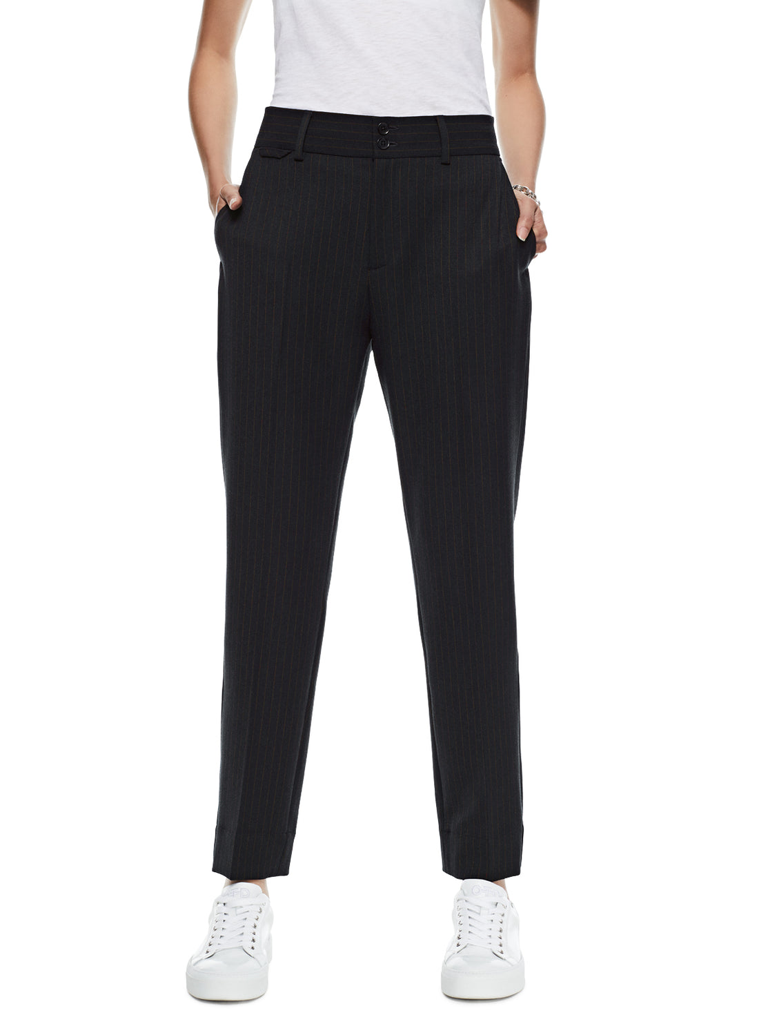 Front of Women's Navy Tapered Pinstripe Pant - Image #2