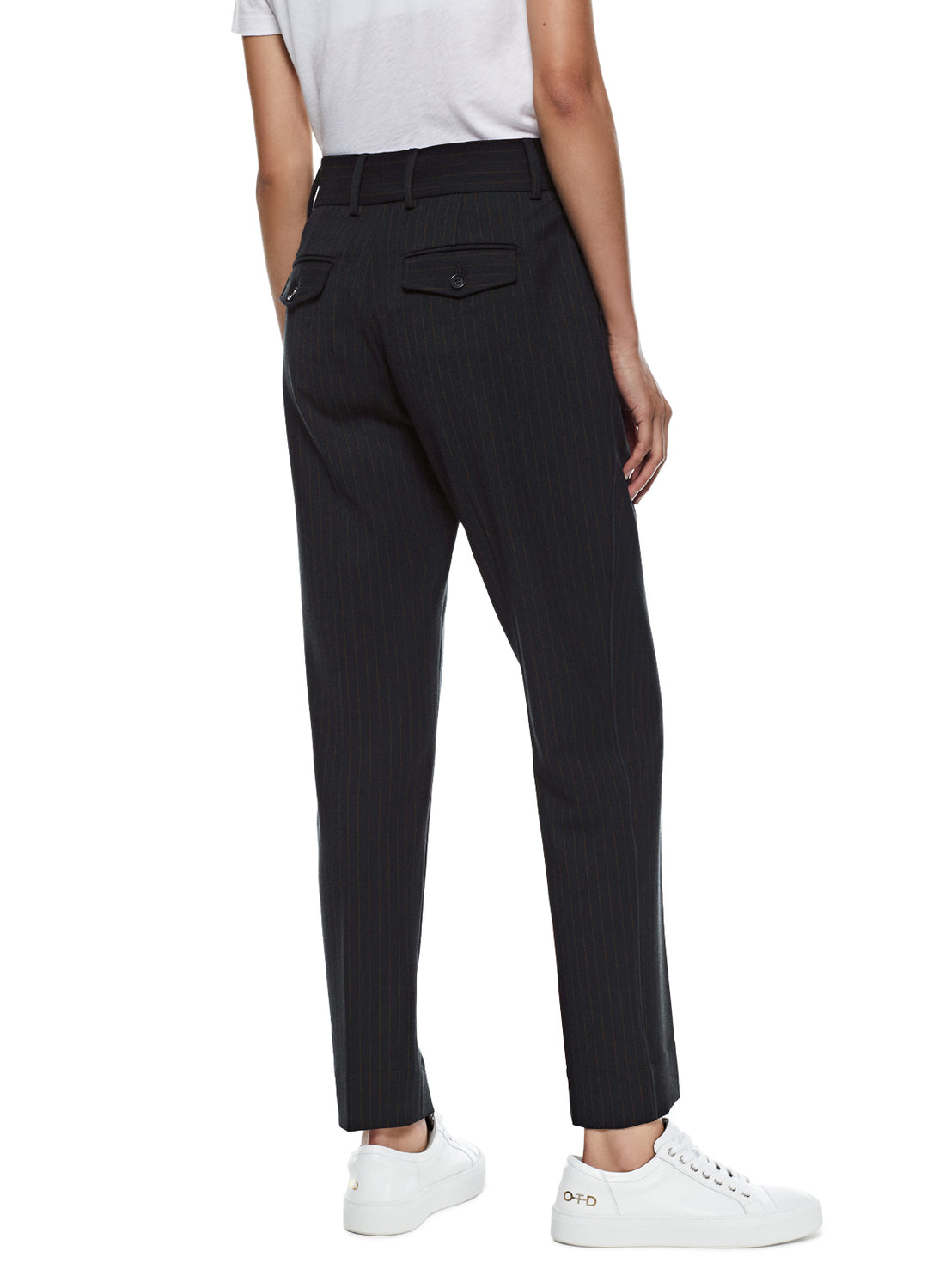 Back of Women's Navy Tapered Pinstripe Pant