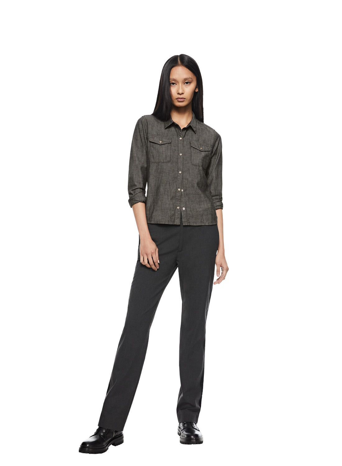 Front of Women's Charcoal Shrunken Chambray Shirt