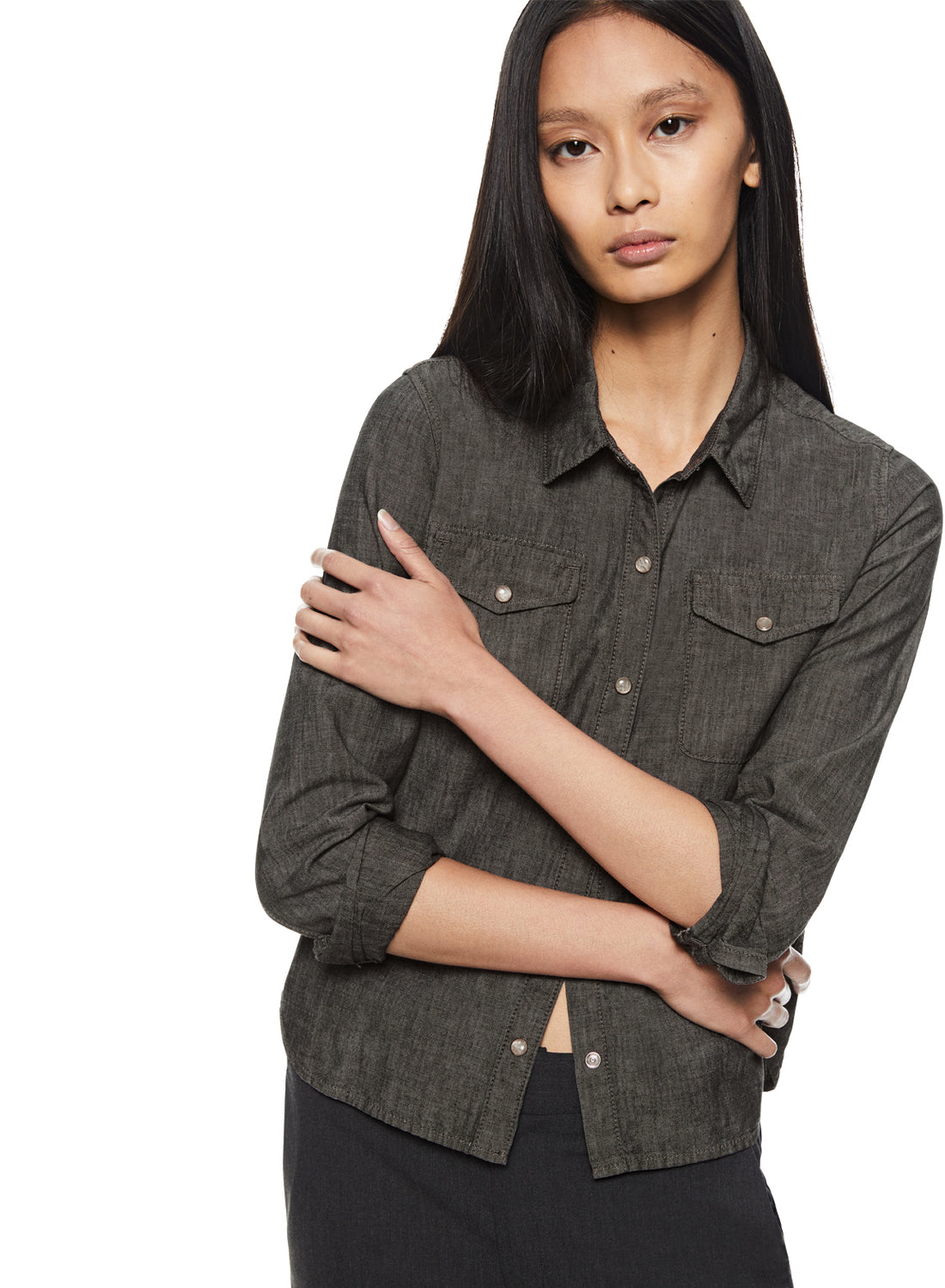 Front of Women's Charcoal Shrunken Chambray Shirt - Image #3