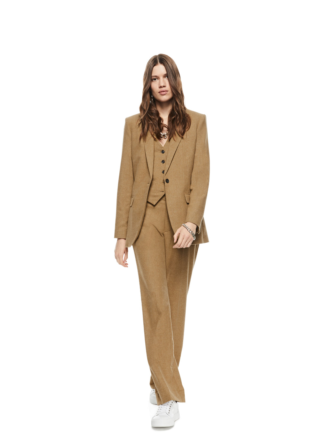 Front of Women's Camel Single-Button Blazer