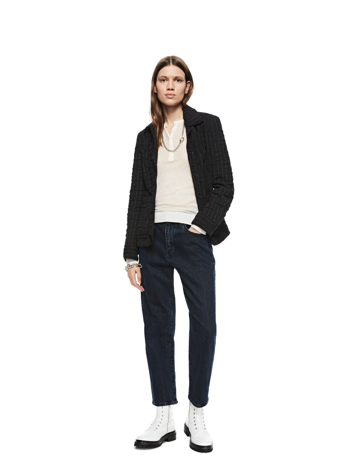 Front of Women's Pinstripe Crinkle Jacket in Charcoal Multi