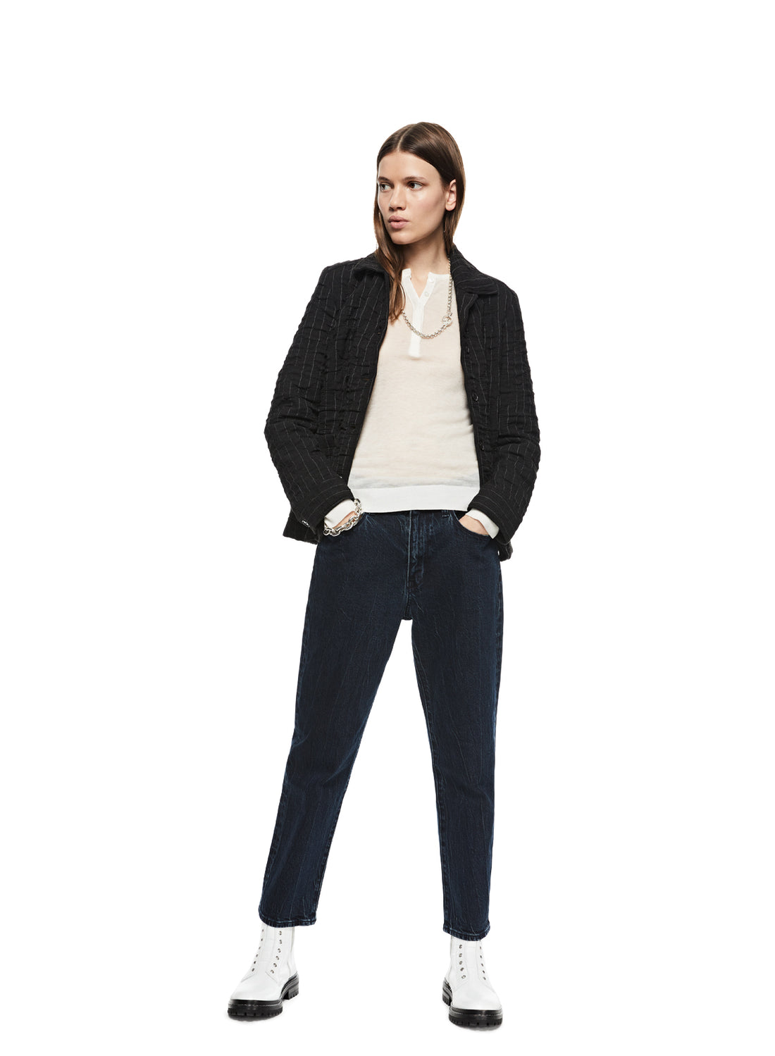 Front of Women's Pinstripe Crinkle Jacket in Charcoal Multi - Image #2