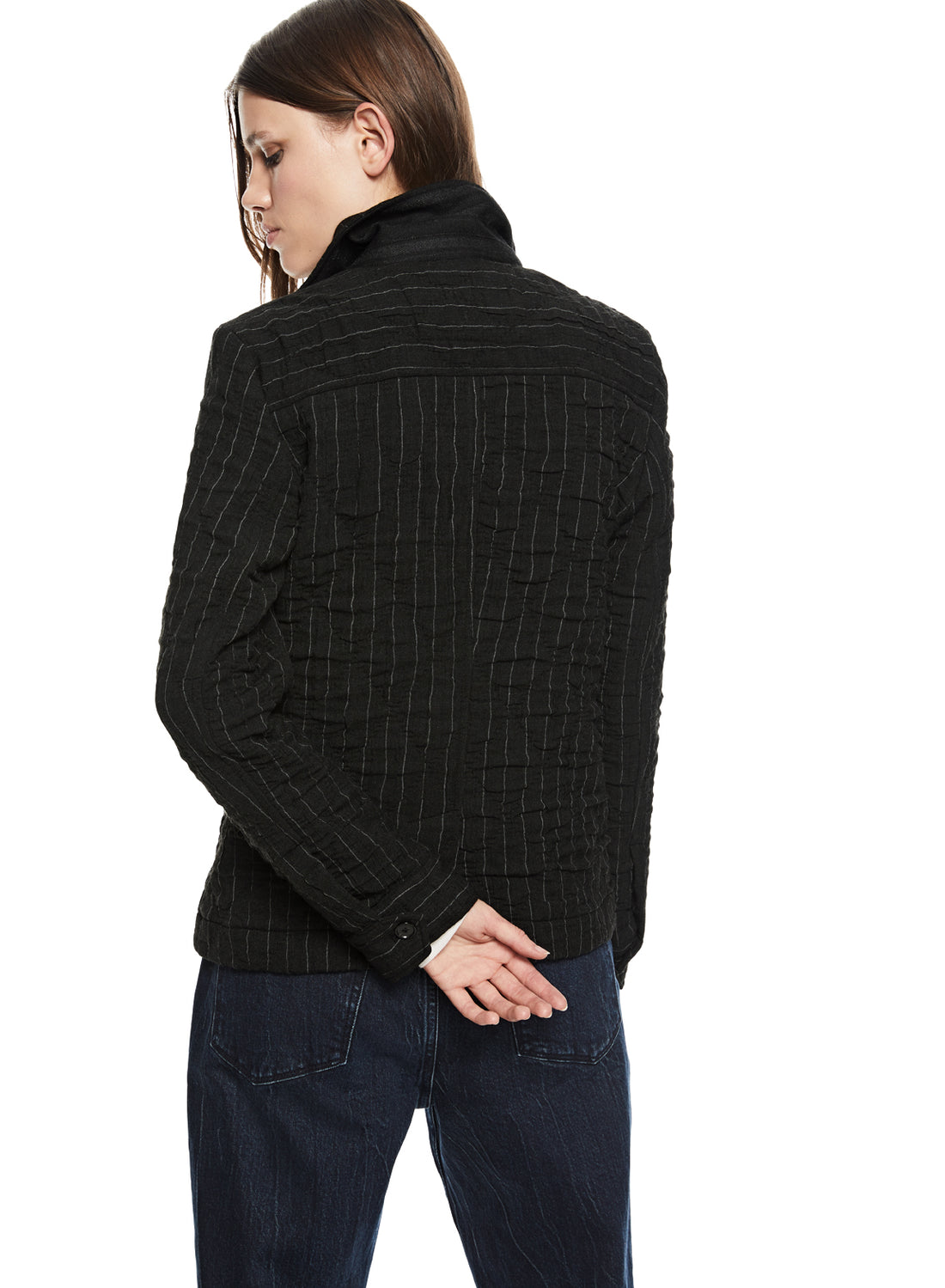 Back of Women's Pinstripe Crinkle Jacket in Charcoal Multi