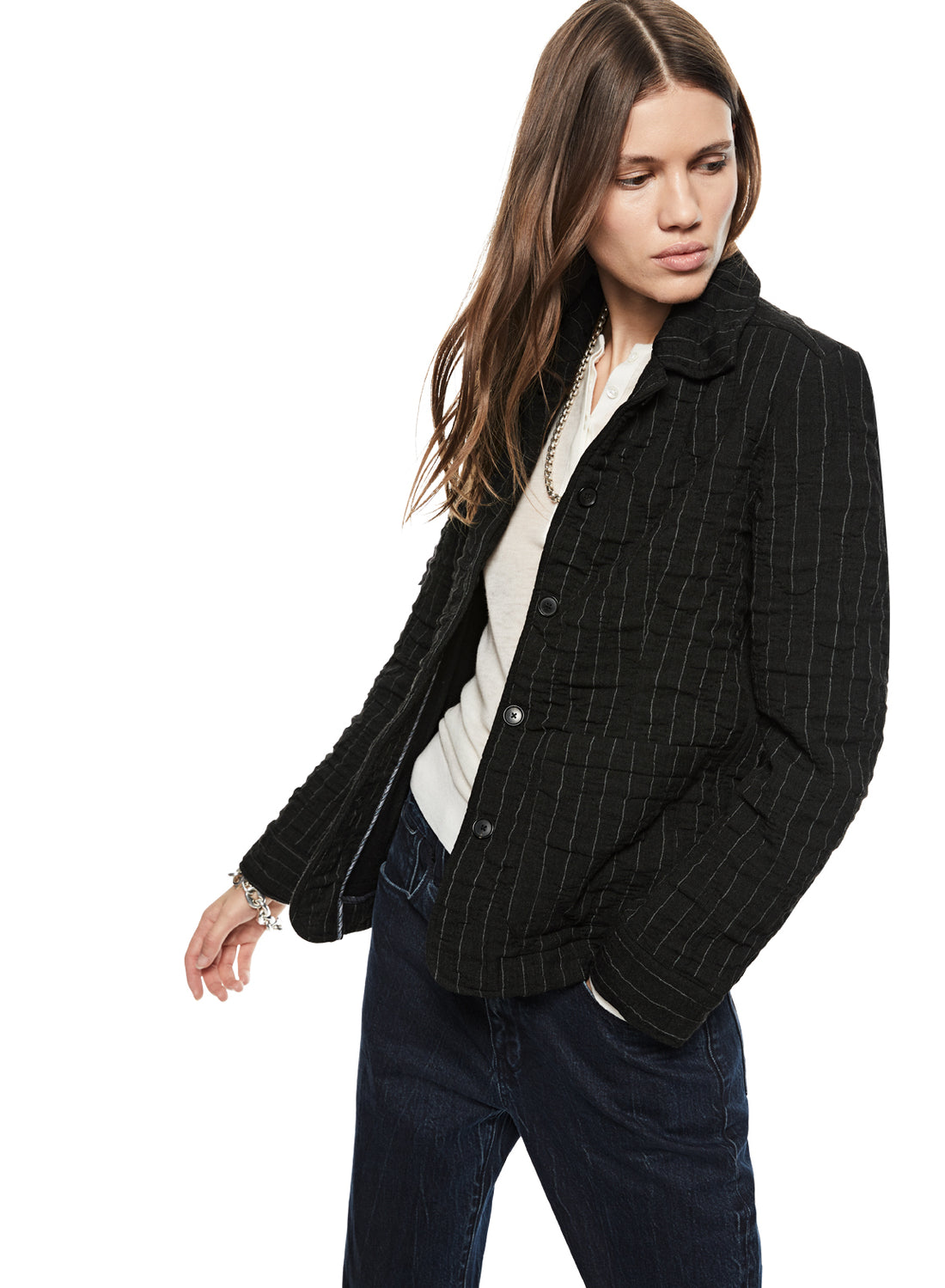 Side of Women's Pinstripe Crinkle Jacket in Charcoal Multi