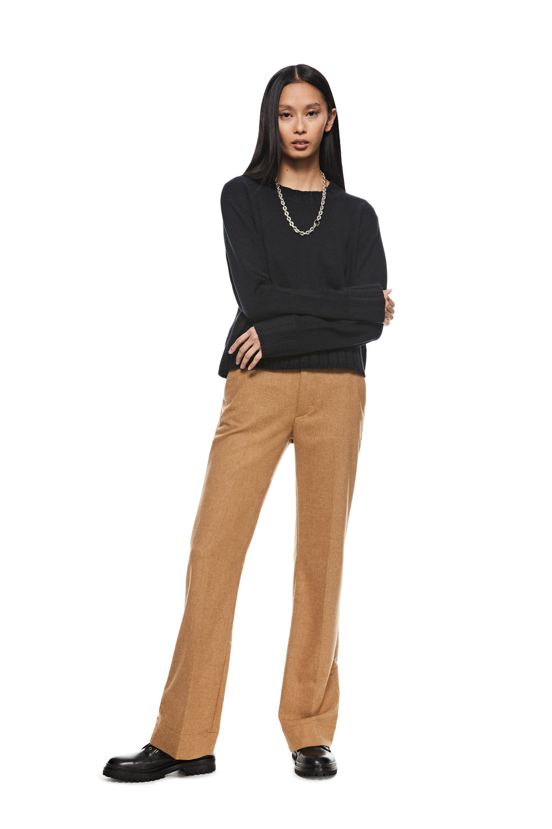 Front of Women's Black Cashmere-Blend Crewneck Sweater
