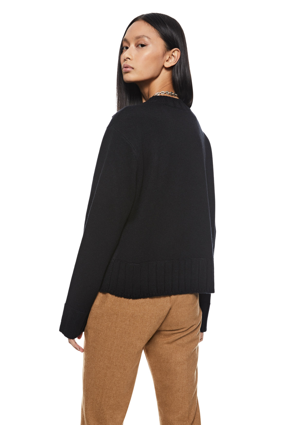 Back of Women's Black Cashmere-Blend Crewneck Sweater