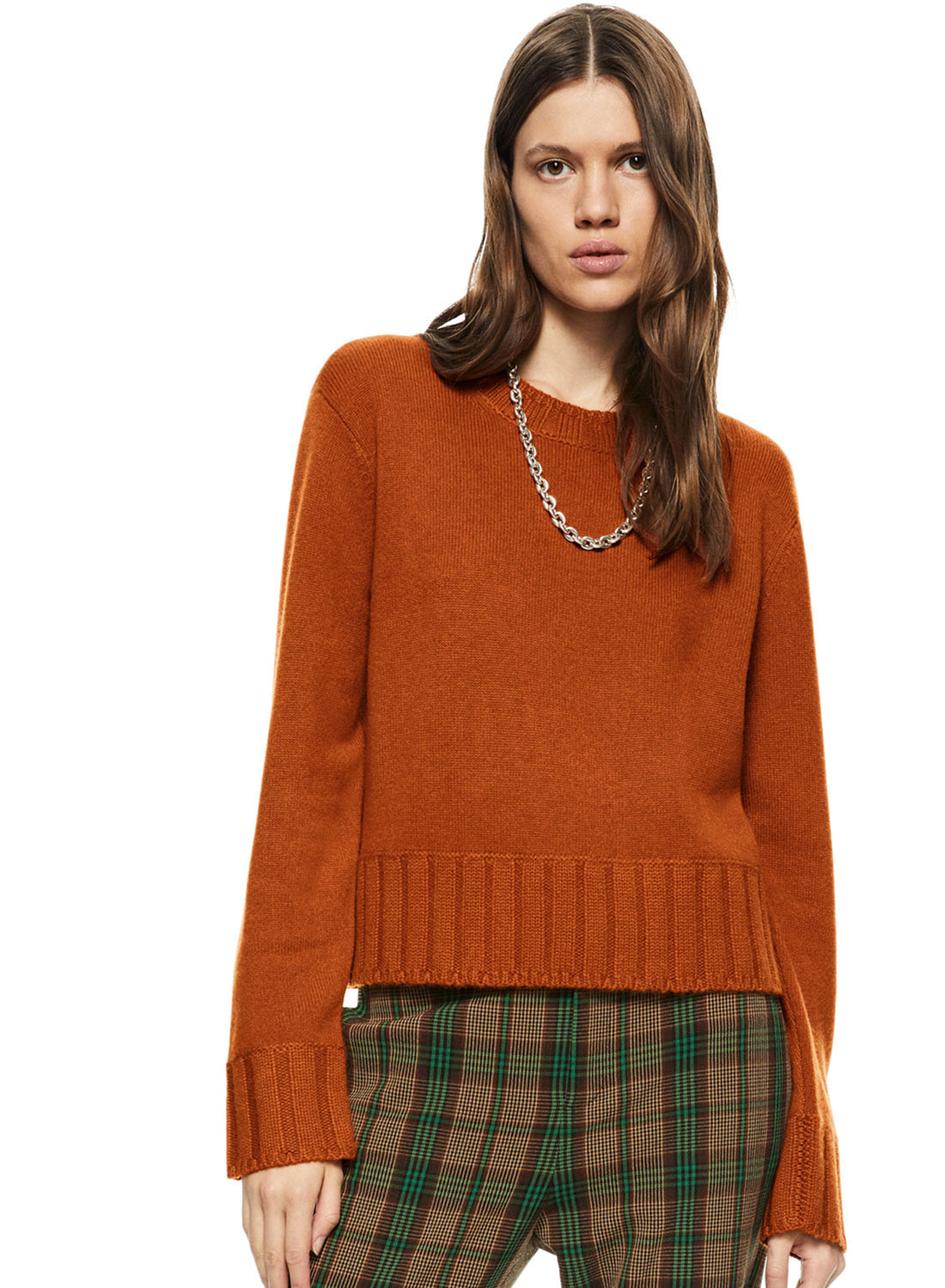 Front of Women's Copper Cashmere-Blend Crewneck Sweater