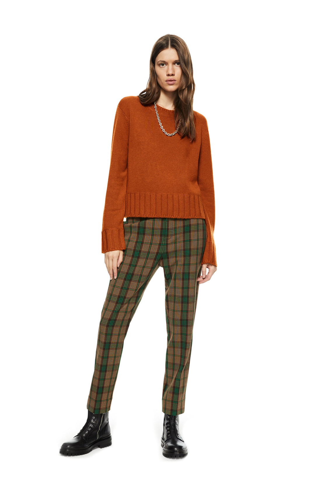 Front of Women's Copper Cashmere-Blend Crewneck Sweater