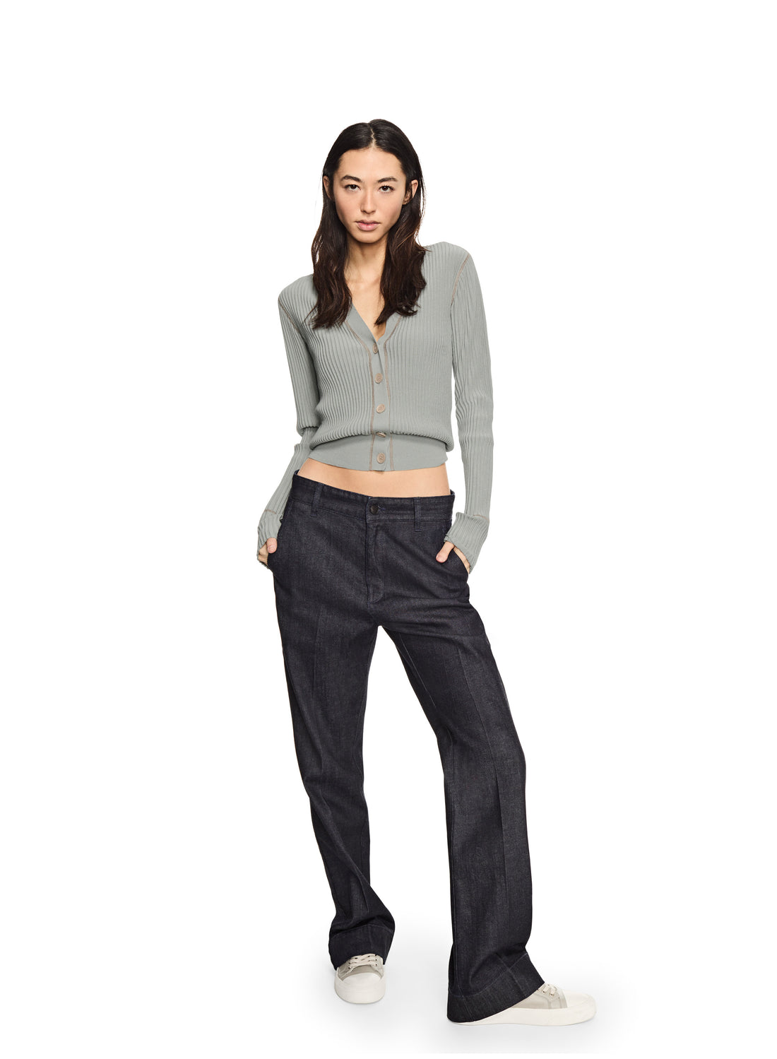 Ribbed Contrast-Stitch Cardigan Sweater (Misty Blue)