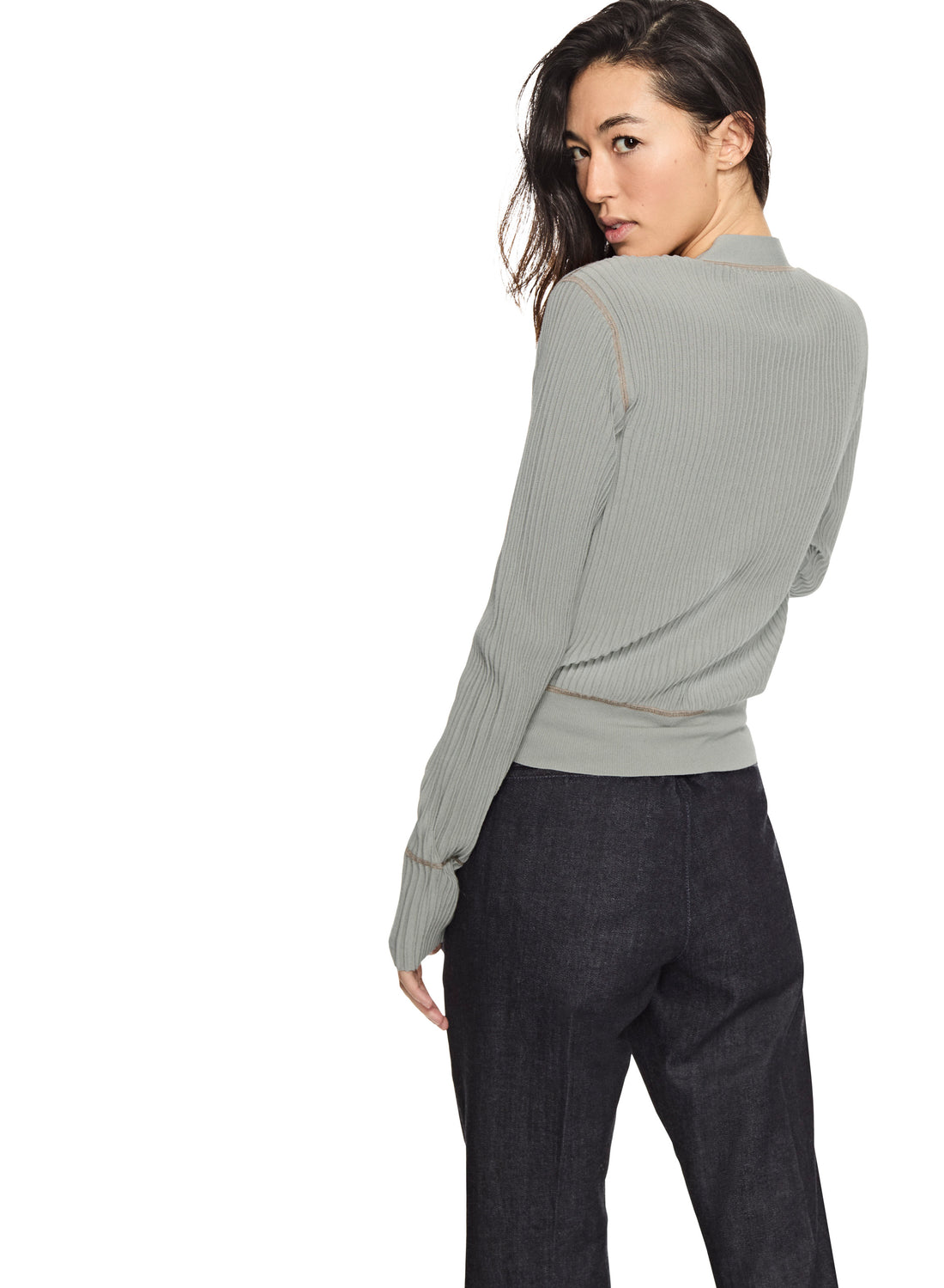 Ribbed Contrast-Stitch Cardigan Sweater (Misty Blue)
