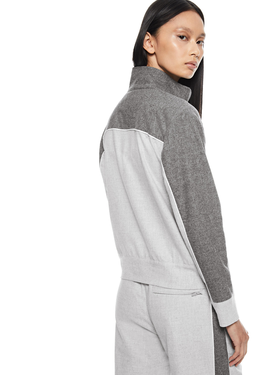 Back of Women's Two-Tone Track Jacket in Light Grey Heather