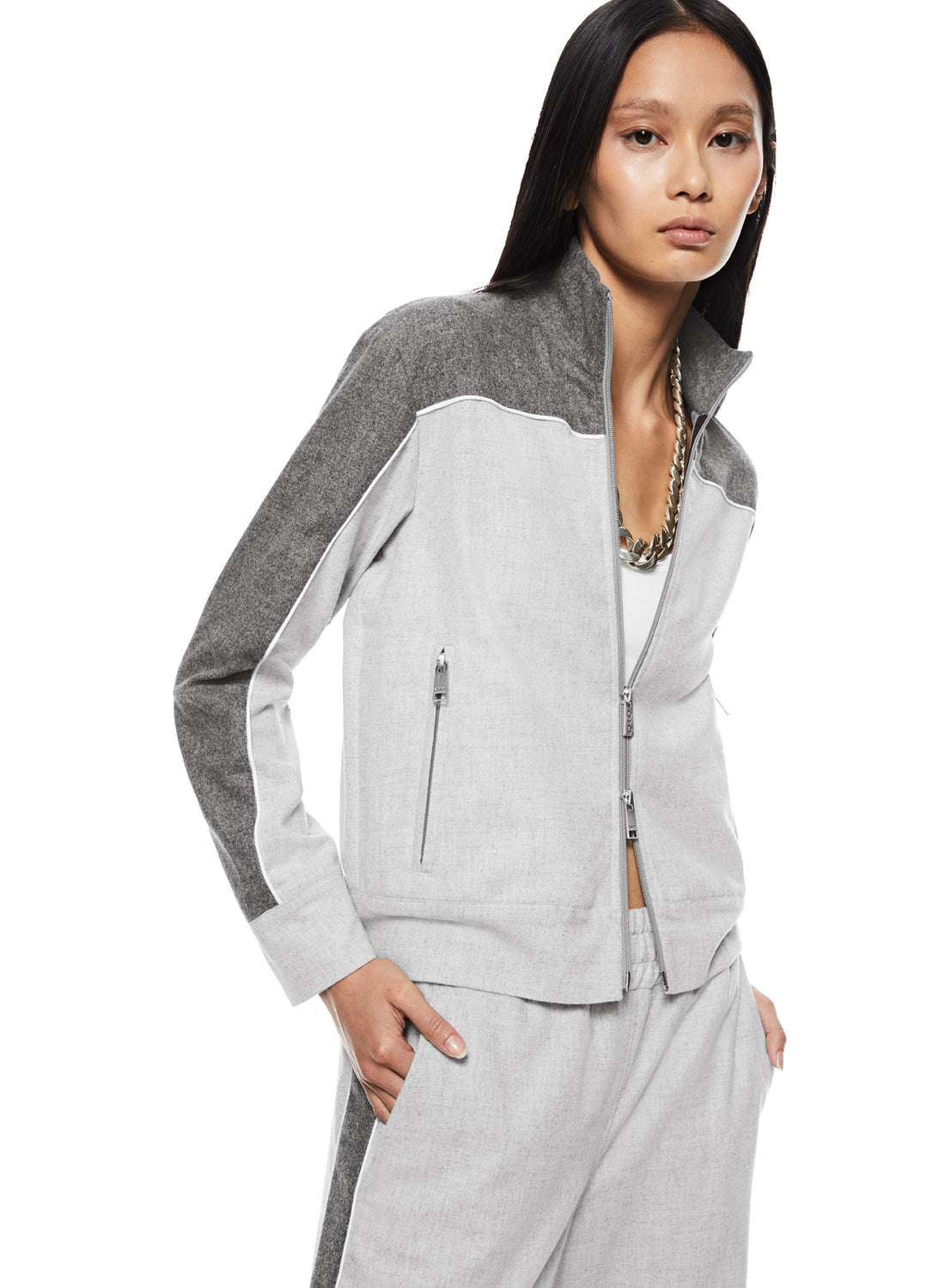 Front of Women's Two-Tone Track Jacket in Light Grey Heather