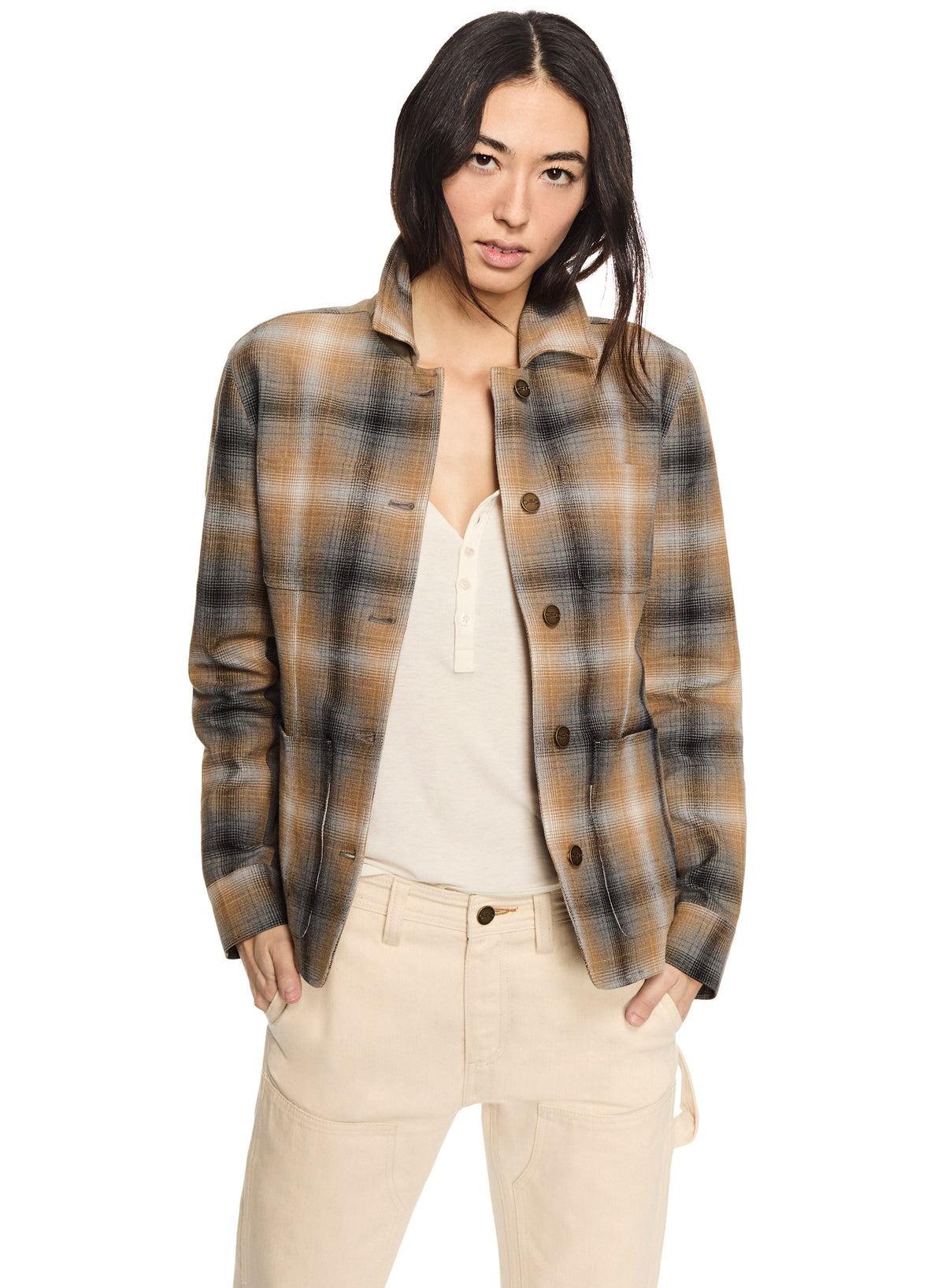 Linen-Blend Shadow Plaid Task Jacket | Women's Khaki Multi Task Jacket ...